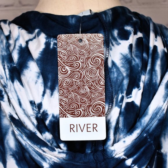 NWT $62 River Tie-Dye Hooded Blouse S, Blue & White 3/4 Sleeves, Loose Fit Flowy - Picture 7 of 8